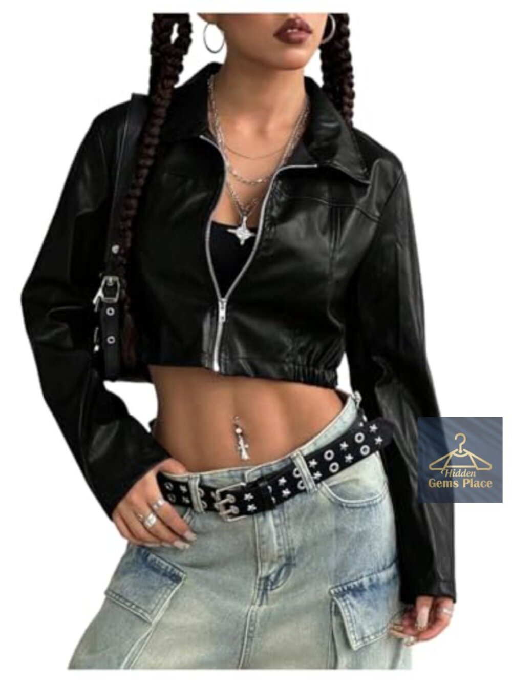 Women's Motorcycle Leather Race Car Jacket Cropped Streetwear Long Sleeve
